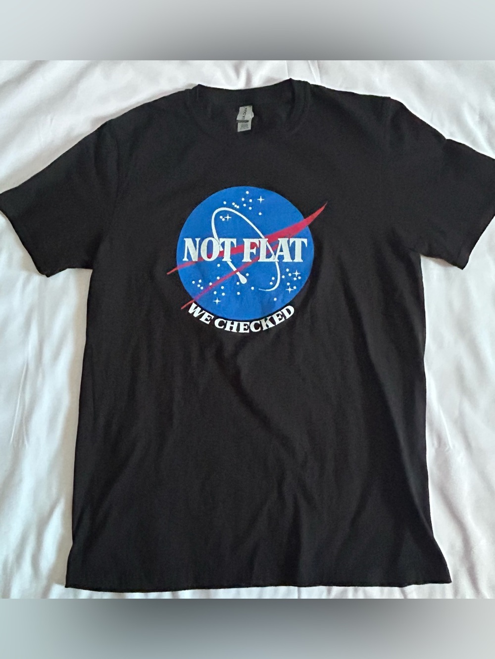 Nasa Parody T-Shirt by Gildan - Earth Not Flat, We Checked - Size Medium